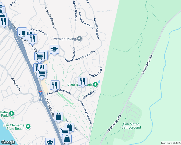 map of restaurants, bars, coffee shops, grocery stores, and more near 257 Avenida Adobe in San Clemente