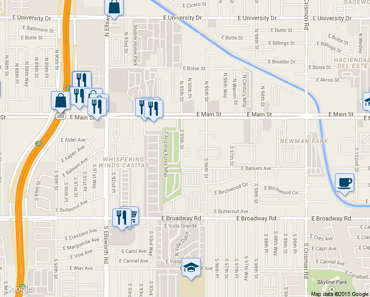 map of restaurants, bars, coffee shops, grocery stores, and more near 125 South 95th Street in Mesa