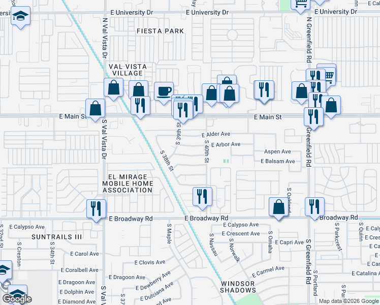 map of restaurants, bars, coffee shops, grocery stores, and more near 3911 Aspen Avenue in Mesa
