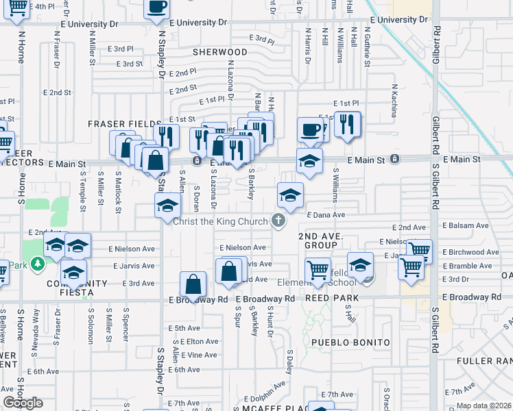 map of restaurants, bars, coffee shops, grocery stores, and more near 1452 East Dana Avenue in Mesa