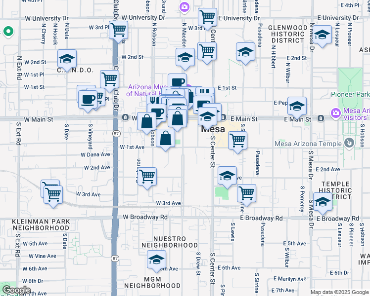map of restaurants, bars, coffee shops, grocery stores, and more near 107 South Macdonald in Mesa