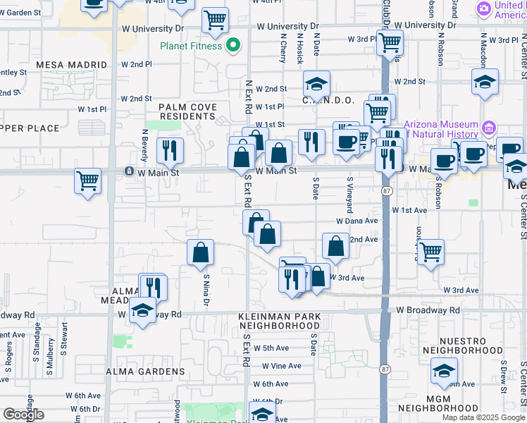 map of restaurants, bars, coffee shops, grocery stores, and more near 744 West Dana Avenue in Mesa