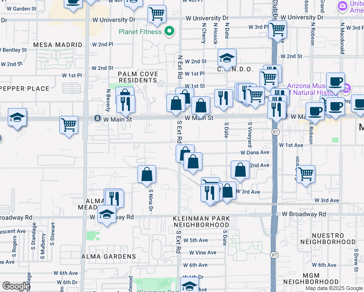 map of restaurants, bars, coffee shops, grocery stores, and more near 744 West Dana Avenue in Mesa