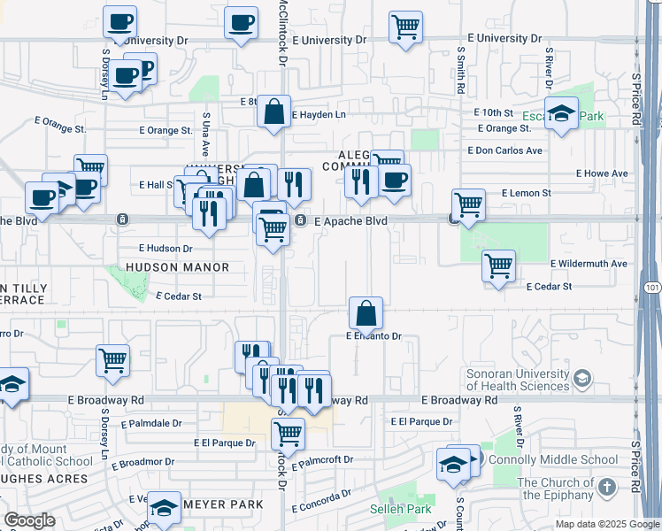 map of restaurants, bars, coffee shops, grocery stores, and more near 1421 South McClintock Drive in Tempe