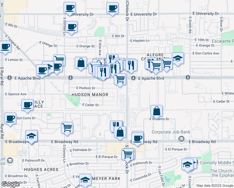 map of restaurants, bars, coffee shops, grocery stores, and more near 1637 East Williams Street in Tempe