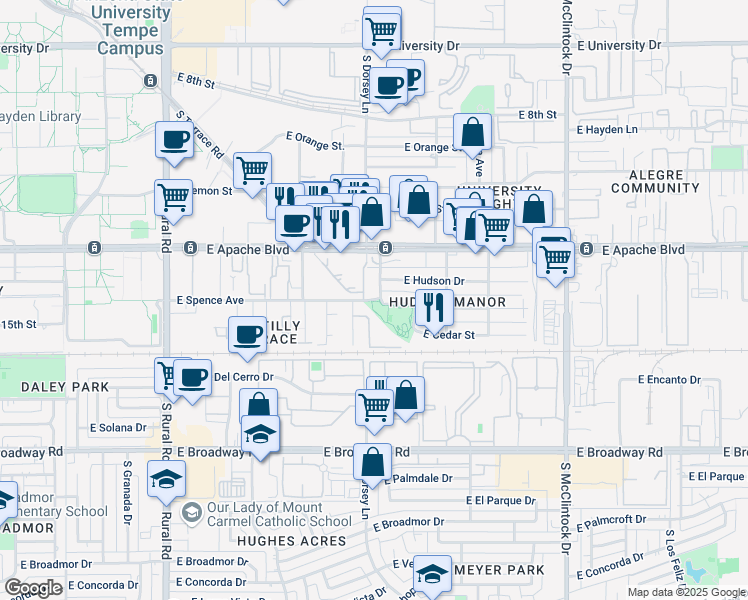 map of restaurants, bars, coffee shops, grocery stores, and more near 1249 East Spence Avenue in Tempe