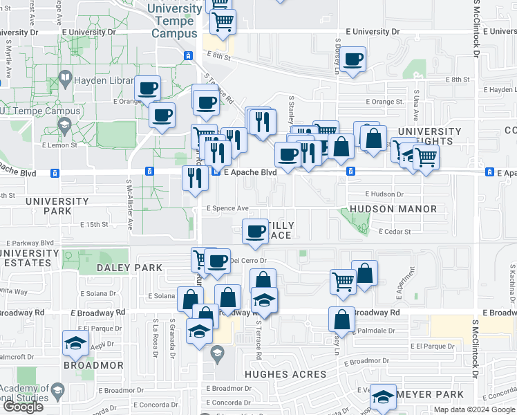 map of restaurants, bars, coffee shops, grocery stores, and more near 1411 South Bonarden Lane in Tempe
