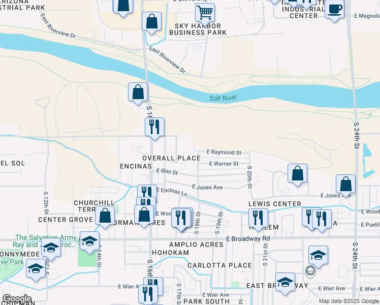 map of restaurants, bars, coffee shops, grocery stores, and more near 3850 South 18th Street in Phoenix