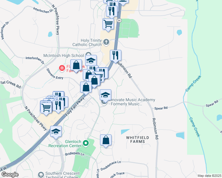 map of restaurants, bars, coffee shops, grocery stores, and more near in Peachtree City