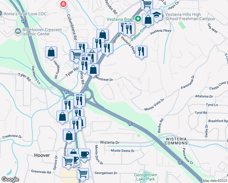 map of restaurants, bars, coffee shops, grocery stores, and more near 2038 Montreat Parkway in Vestavia Hills