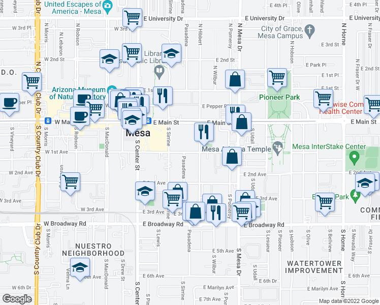 map of restaurants, bars, coffee shops, grocery stores, and more near 154 East 1st Avenue in Mesa