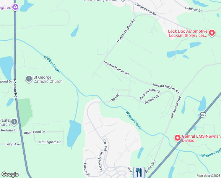 map of restaurants, bars, coffee shops, grocery stores, and more near 177 North Square Lane in Newnan