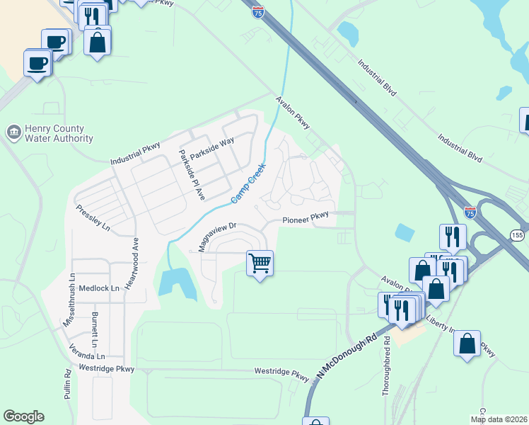map of restaurants, bars, coffee shops, grocery stores, and more near 604 Beaujolais Court in McDonough