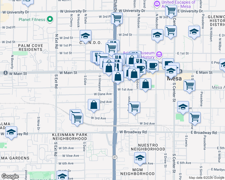 map of restaurants, bars, coffee shops, grocery stores, and more near in Mesa