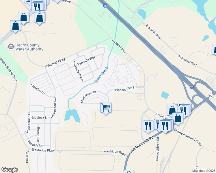 map of restaurants, bars, coffee shops, grocery stores, and more near 604 Beaujolais Court in McDonough