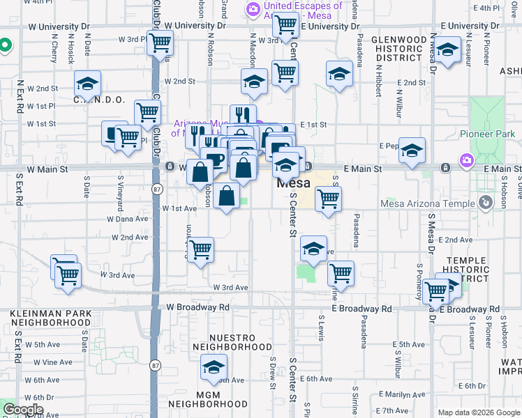 map of restaurants, bars, coffee shops, grocery stores, and more near 107 South Macdonald in Mesa