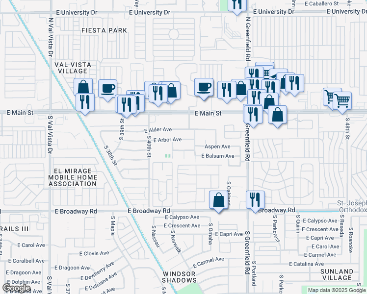 map of restaurants, bars, coffee shops, grocery stores, and more near 144 South Norfolk Circle in Mesa