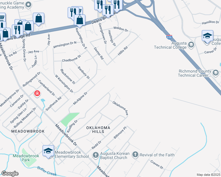 map of restaurants, bars, coffee shops, grocery stores, and more near 3509 Kindling Drive in Augusta