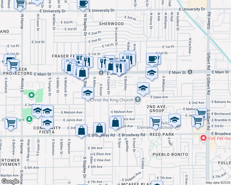 map of restaurants, bars, coffee shops, grocery stores, and more near 1402 East Dana Avenue in Mesa