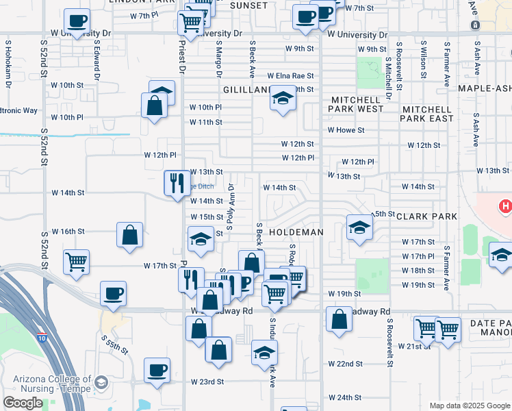 map of restaurants, bars, coffee shops, grocery stores, and more near 1430 South Beck Avenue in Tempe