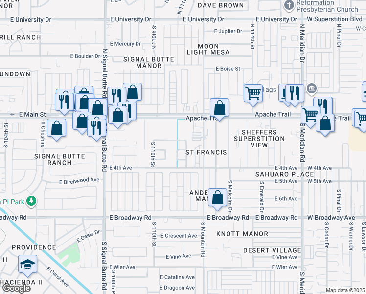 map of restaurants, bars, coffee shops, grocery stores, and more near 11118 East Arbor Avenue in Mesa