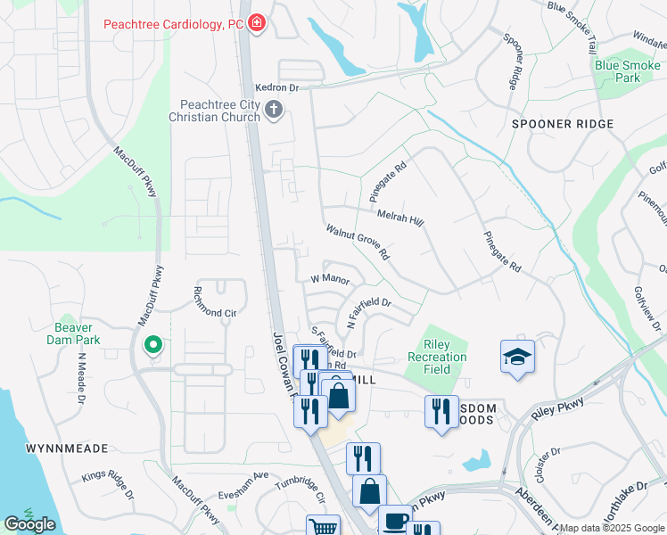 map of restaurants, bars, coffee shops, grocery stores, and more near 562 North Fairfield Drive in Peachtree City
