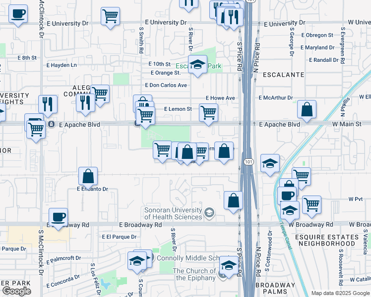 map of restaurants, bars, coffee shops, grocery stores, and more near East Wildermuth Avenue in Tempe