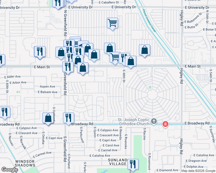 map of restaurants, bars, coffee shops, grocery stores, and more near Kelly Lane in Mesa