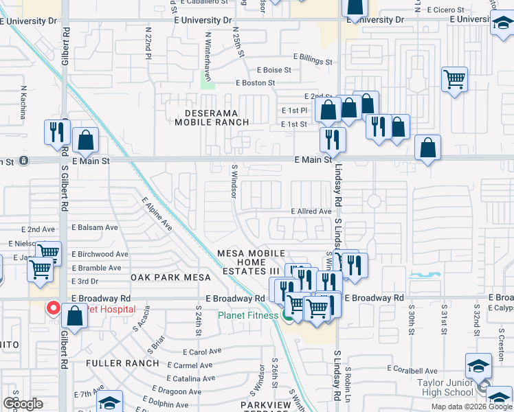 map of restaurants, bars, coffee shops, grocery stores, and more near 2600 East Allred Avenue in Mesa