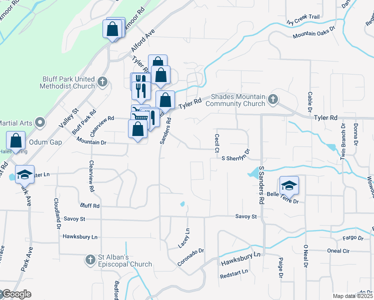 map of restaurants, bars, coffee shops, grocery stores, and more near 2226 McGwier Drive in Hoover