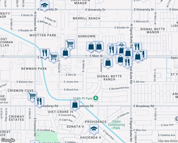 map of restaurants, bars, coffee shops, grocery stores, and more near 10432 East Arcadia Avenue in Mesa