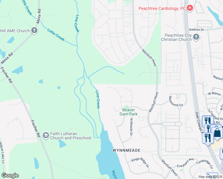 map of restaurants, bars, coffee shops, grocery stores, and more near 525 Merrill Lane in Peachtree City