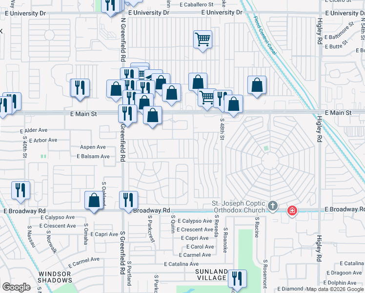 map of restaurants, bars, coffee shops, grocery stores, and more near Kelly Lane in Mesa