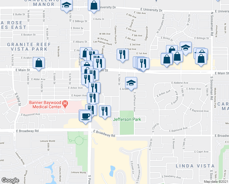 map of restaurants, bars, coffee shops, grocery stores, and more near 118 South 70th Street in Mesa