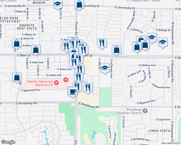 map of restaurants, bars, coffee shops, grocery stores, and more near Hearthstone Villas in Mesa