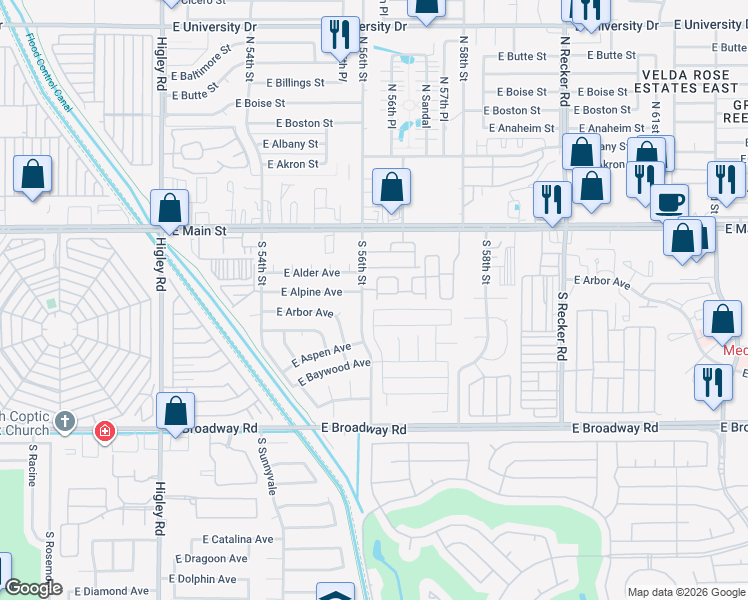 map of restaurants, bars, coffee shops, grocery stores, and more near 214 East 7th Street in Mesa