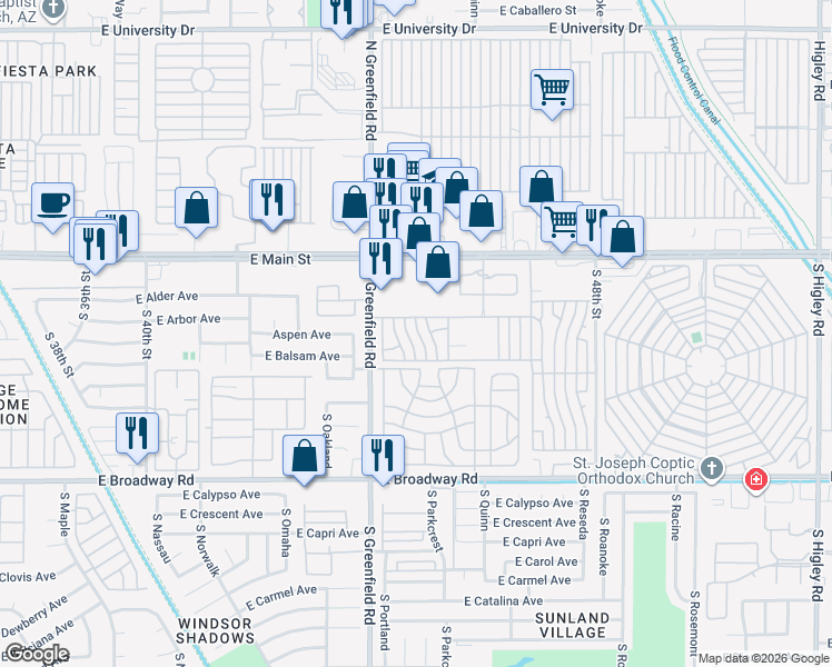 map of restaurants, bars, coffee shops, grocery stores, and more near Candice Lane in Mesa