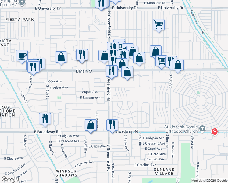map of restaurants, bars, coffee shops, grocery stores, and more near Candice Lane in Mesa