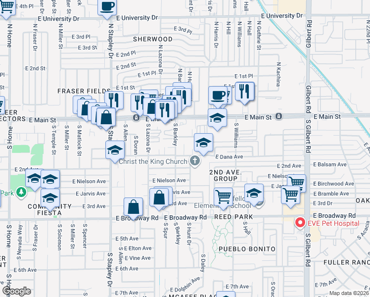 map of restaurants, bars, coffee shops, grocery stores, and more near 1452 East Dana Avenue in Mesa