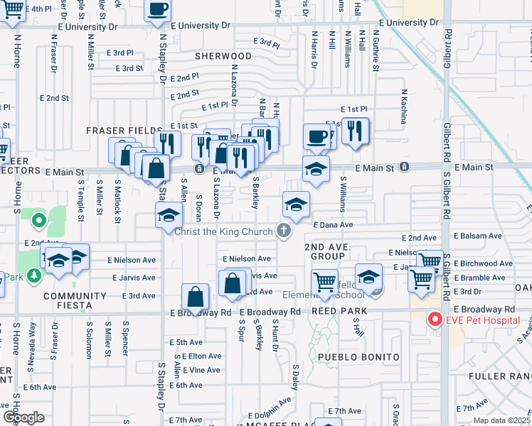 map of restaurants, bars, coffee shops, grocery stores, and more near 1452 East Dana Avenue in Mesa