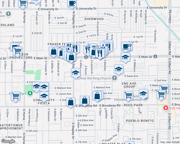 map of restaurants, bars, coffee shops, grocery stores, and more near 126 South Lazona Drive in Mesa