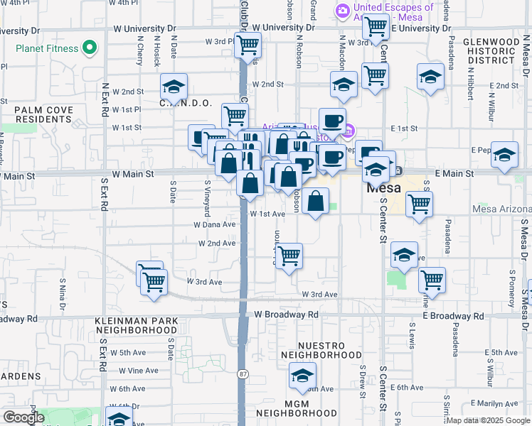 map of restaurants, bars, coffee shops, grocery stores, and more near 243 West 1st Avenue in Mesa