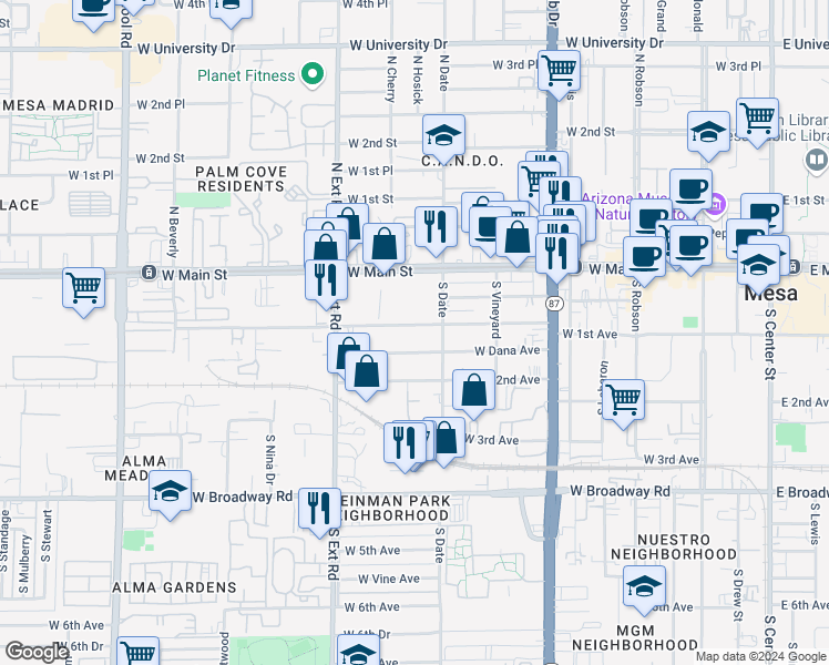 map of restaurants, bars, coffee shops, grocery stores, and more near 656 West Dana Avenue in Mesa