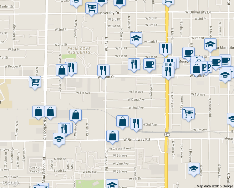 map of restaurants, bars, coffee shops, grocery stores, and more near 744 West Dana Avenue in Mesa