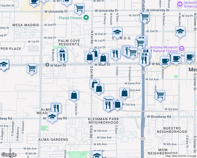 map of restaurants, bars, coffee shops, grocery stores, and more near 744 West Dana Avenue in Mesa