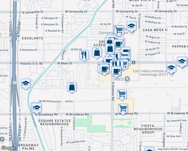 map of restaurants, bars, coffee shops, grocery stores, and more near 66 South Dobson Road in Mesa