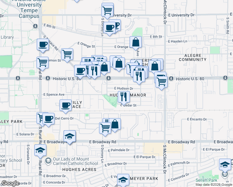 map of restaurants, bars, coffee shops, grocery stores, and more near in Tempe