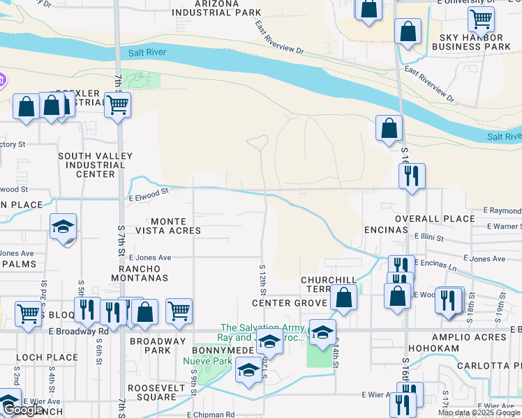 map of restaurants, bars, coffee shops, grocery stores, and more near 3624 South 12th Street in Phoenix