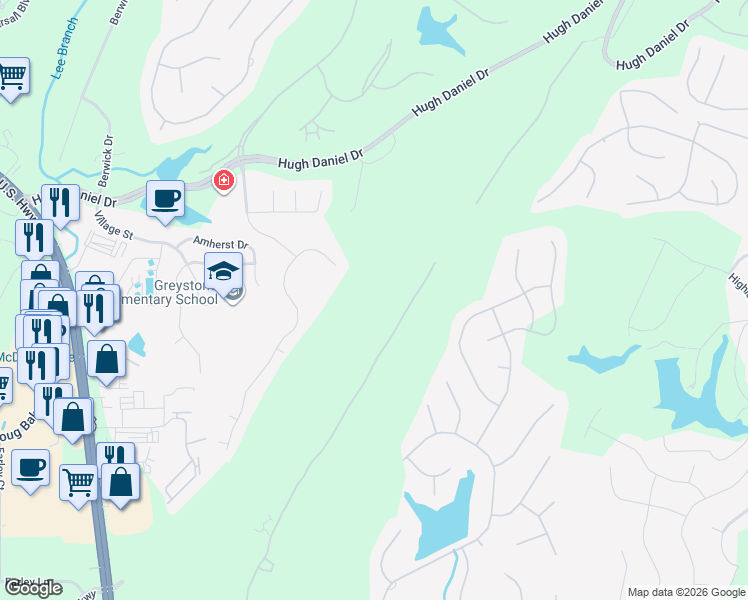 map of restaurants, bars, coffee shops, grocery stores, and more near 347 Highland View Drive in Birmingham