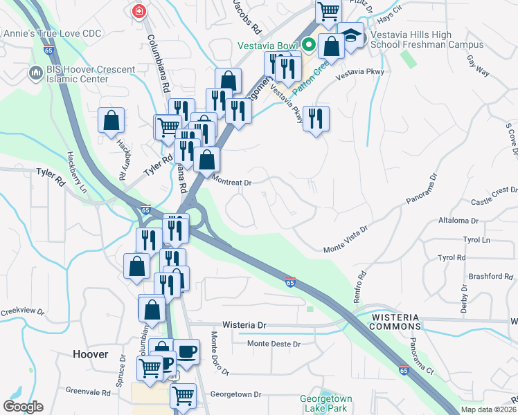 map of restaurants, bars, coffee shops, grocery stores, and more near 2038 Montreat Parkway in Vestavia Hills